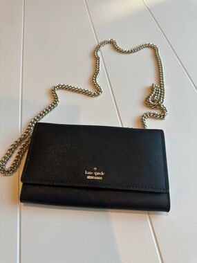 kate spade Black Saffiano Crossbody Wallet with Gold Chain Strap